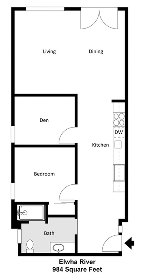 Floor plan for 2 beds, 1 bath, 984 sqft